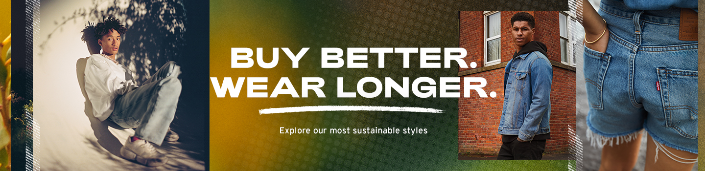 Levi's® Shop Sustainably Category. Image description: to the left; the large text reads 'Buy Better. Wear Longer.' and the smaller text reads 'Explore our most sustainable styles. Shop by category, sustainable fibre or innovation.' The background behind the text is a combination of yellows and greens with some yellow flowers in the bottom left hand corner. To the right; faces side-on to the camera in a Levi's® western denim shirt with the sleeves rolled to her elbows and a pair of Levi's® denim shorts. Her medium-length brown hair falls over one shoulder and she has a big smile. Blue skies filled with clouds are behind her, as well as the ocean lower down.